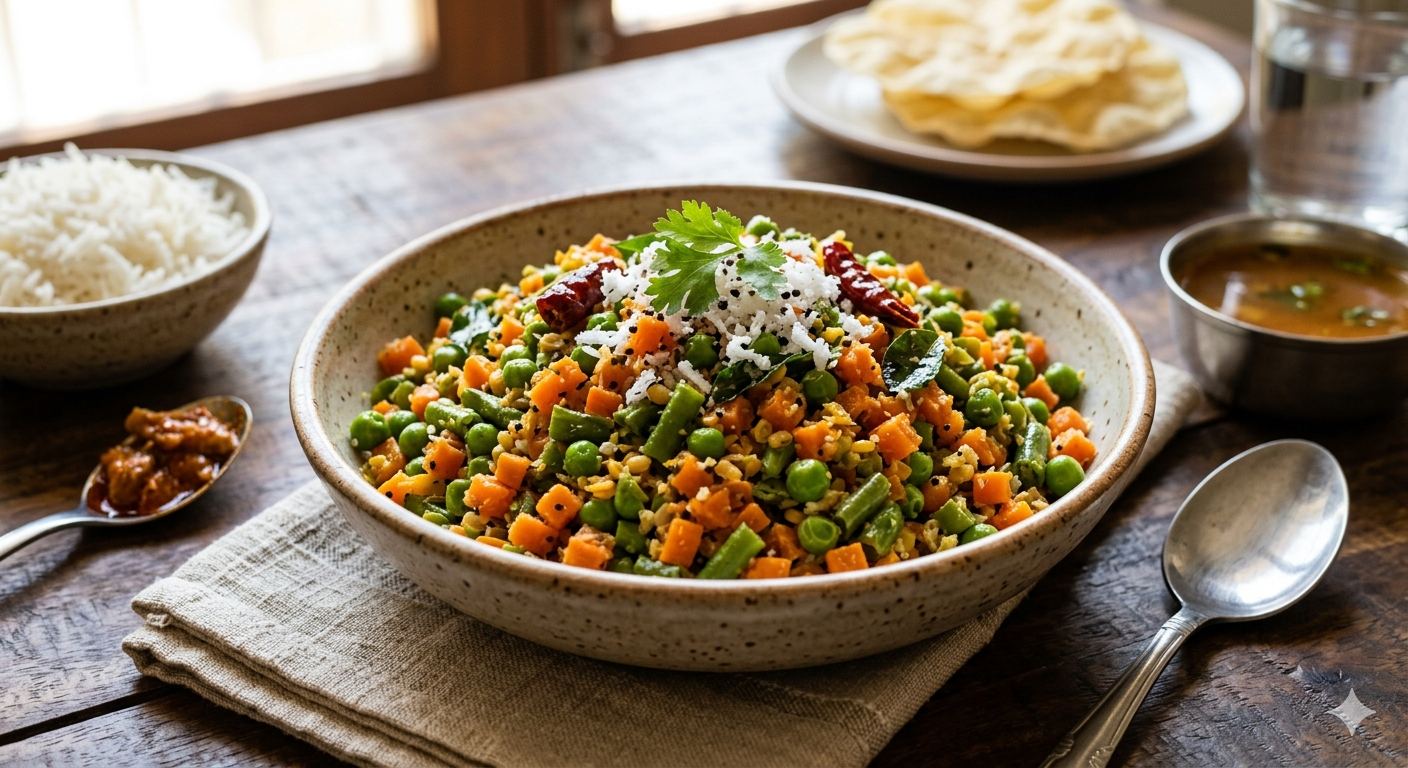 Carrot beans corn peas poriyal